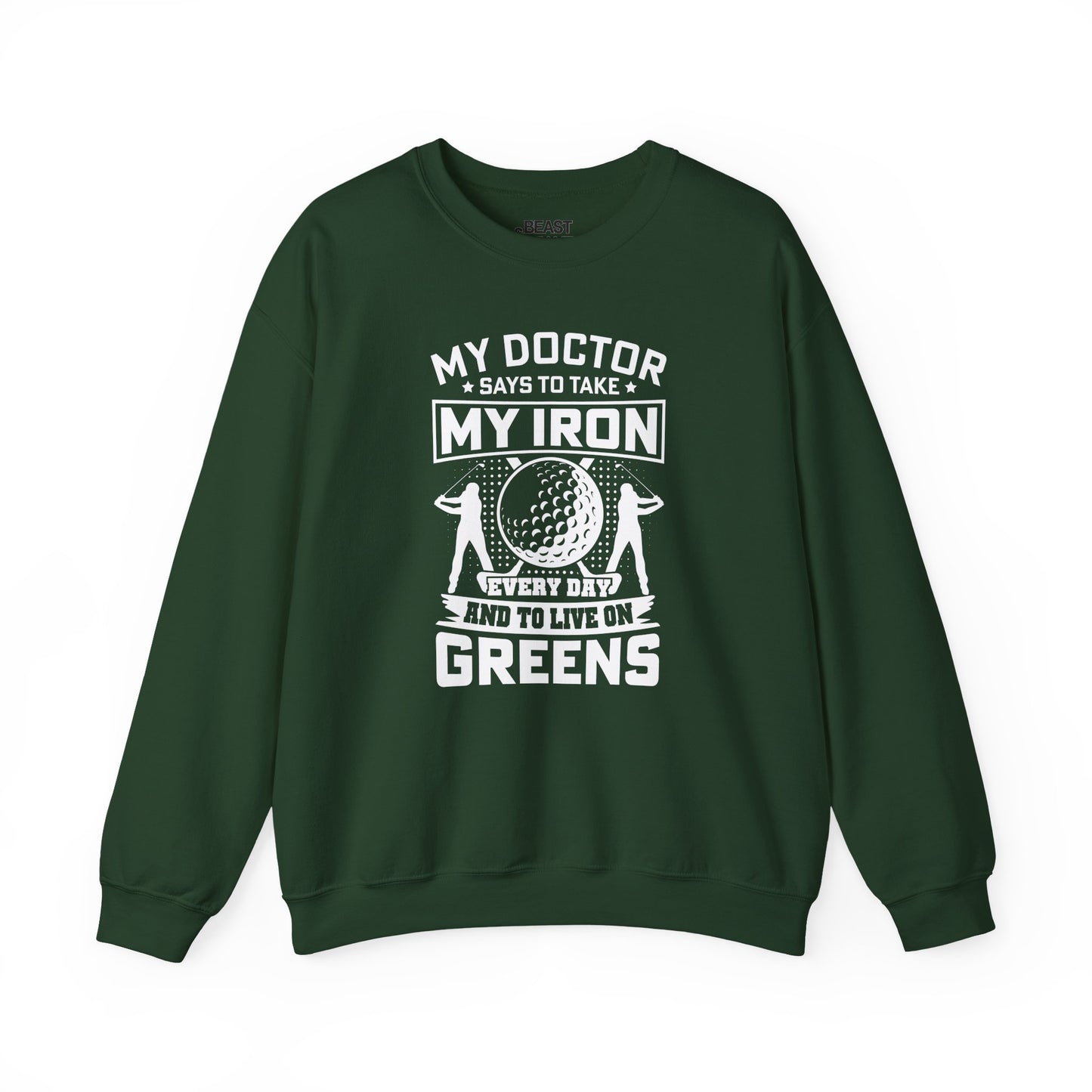 black sweatshirt with funny golf slogan take my iron every day live on greens