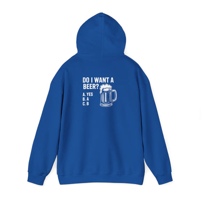 navy hoodie with do i want a beer funny slogan graphic