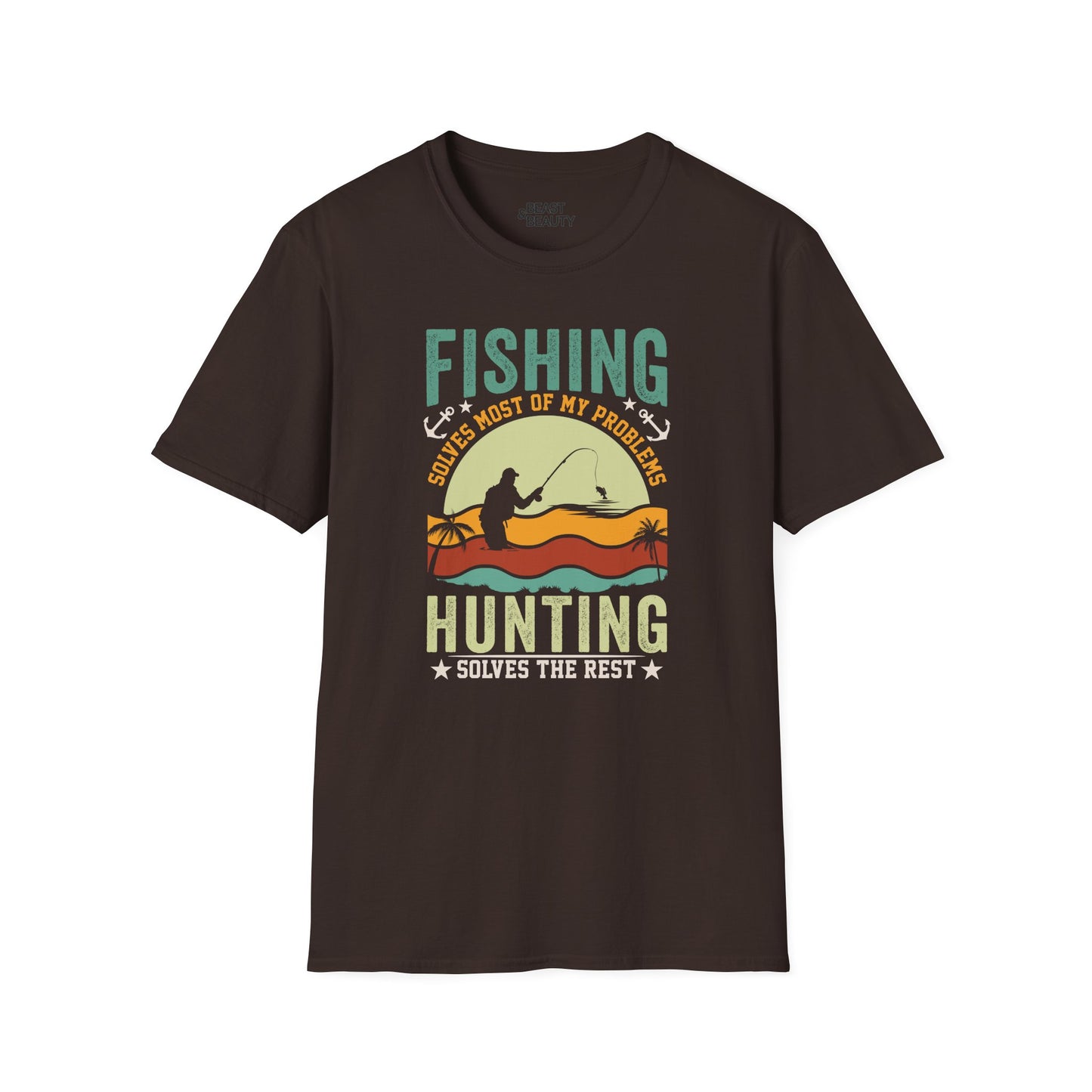 military green t-shirt with funny fishing and hunting slogan for outdoor enthusiast gift