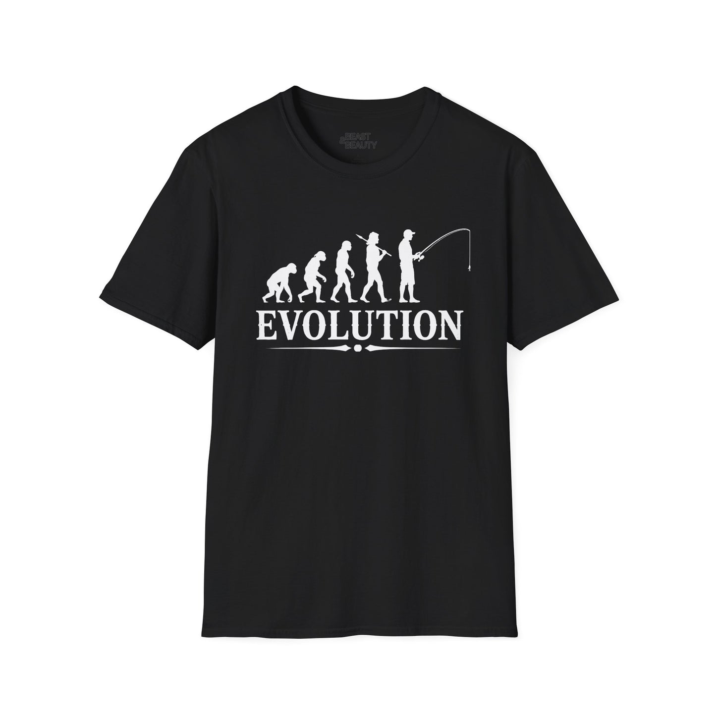 navy t-shirt with fishing evolution graphic design