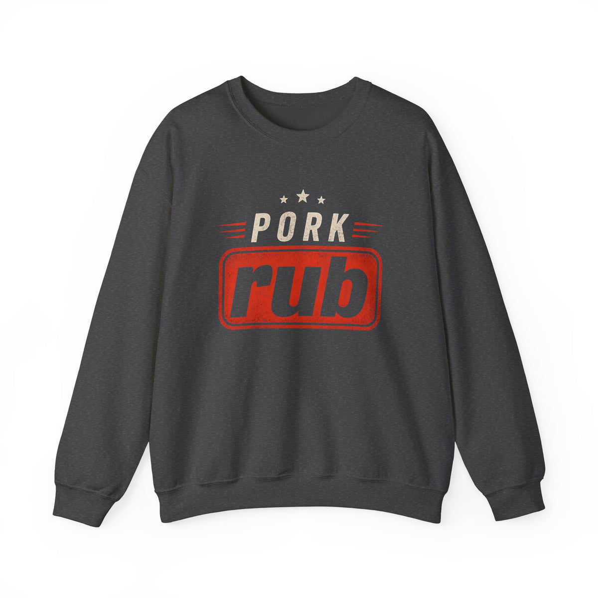 black sweatshirt with pork rub bbq pitmaster printed design worn by model