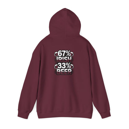 royal blue hoodie with 67 percent irish 33 percent beer pub fan graphic