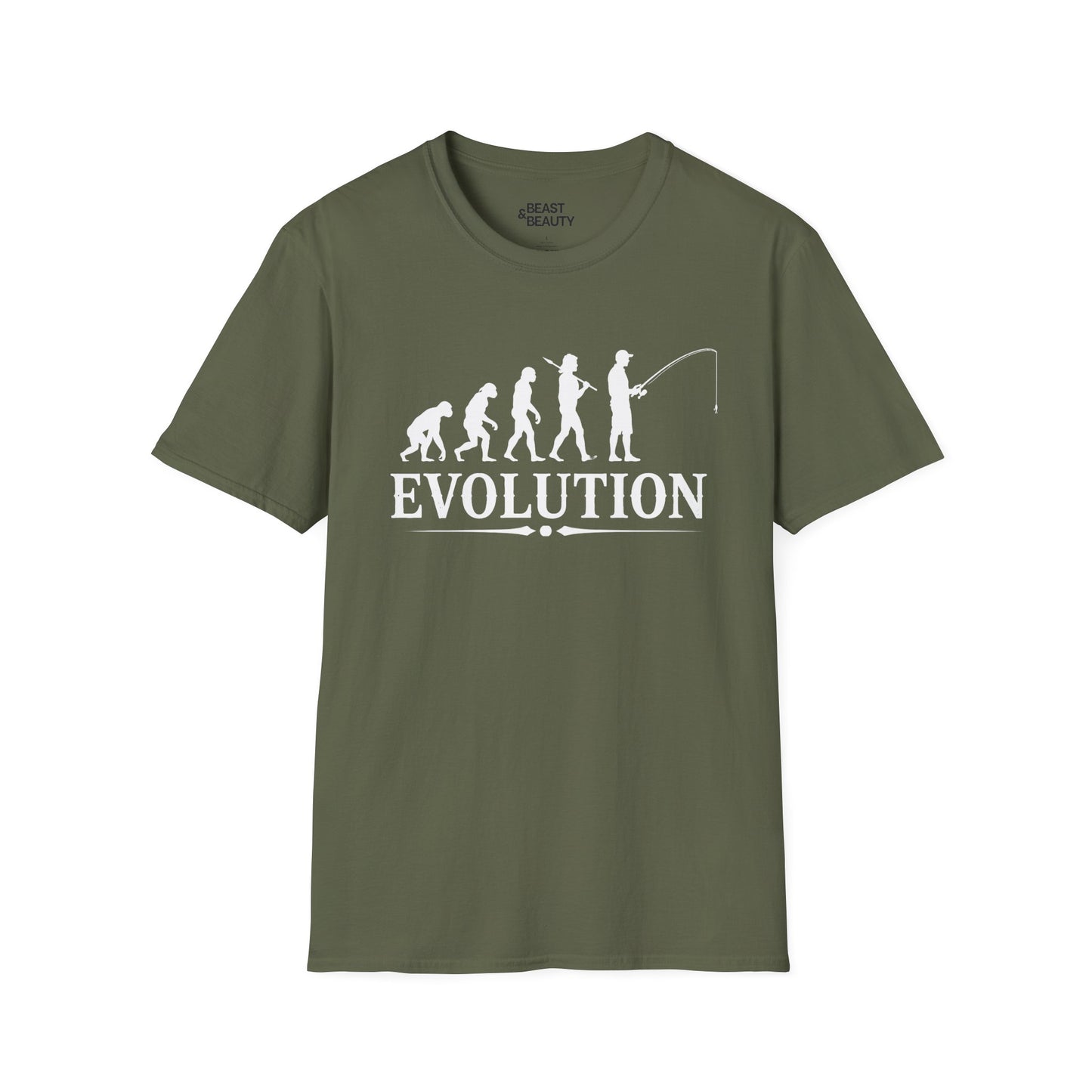 royal blue t-shirt with fishing evolution graphic design