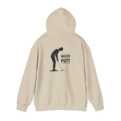 light pink hoodie with master the putt bold golf print