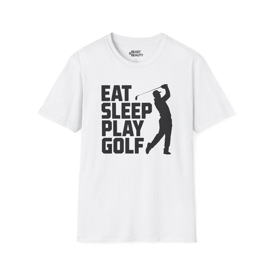 white t-shirt with eat sleep play golf dad graphic for golf enthusiasts