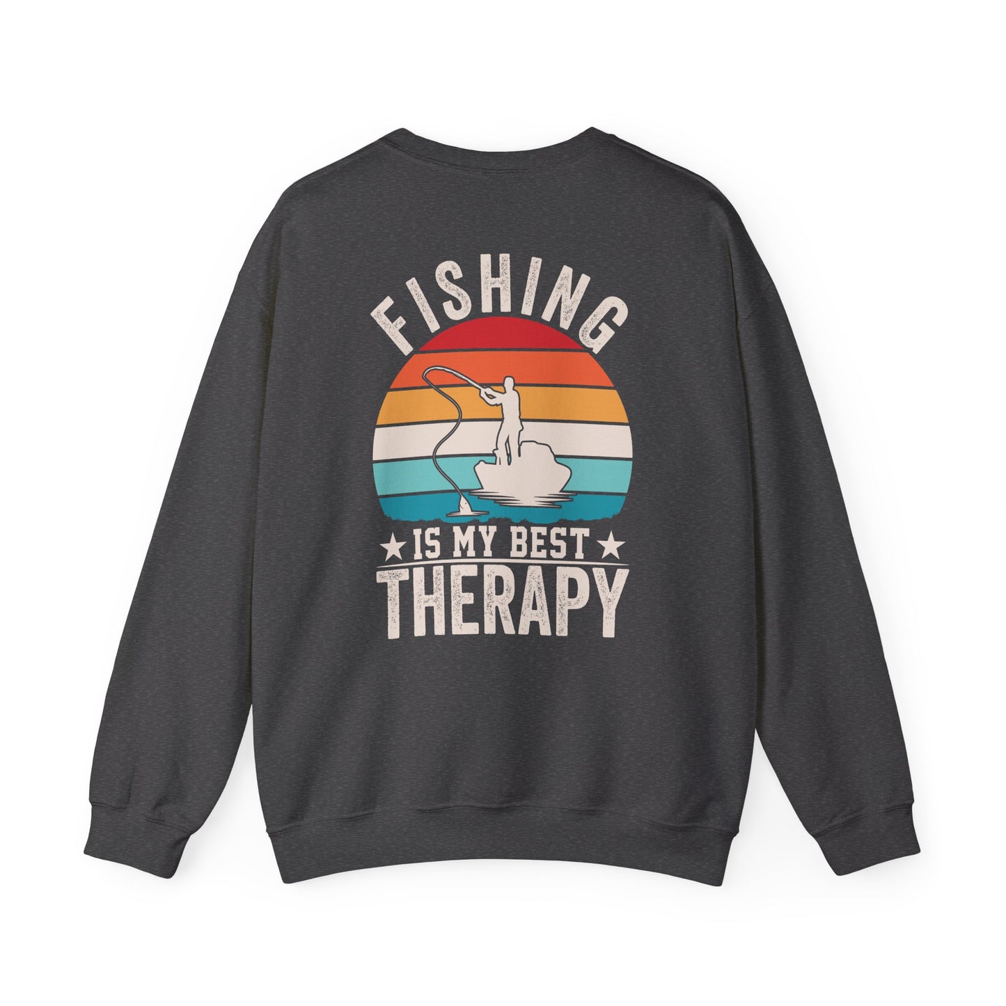 maroon sweatshirt with fishing therapy slogan graphic