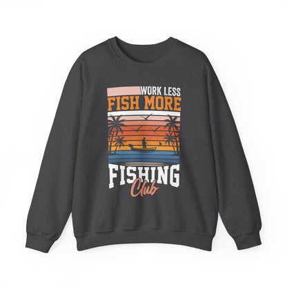 black sweatshirt with work less fish more fishing club text
