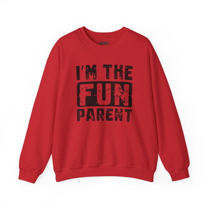 white sweatshirt with i'm the fun parent printed design novelty parent gift