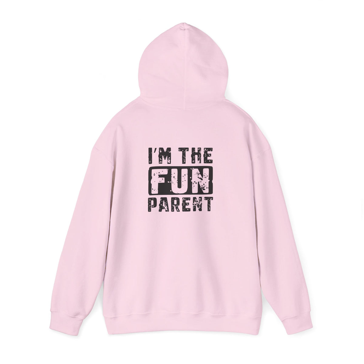 light blue hoodie with i'm the fun parent family humor graphic