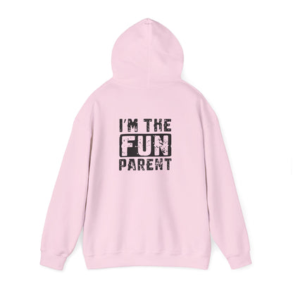 light blue hoodie with i'm the fun parent family humor graphic