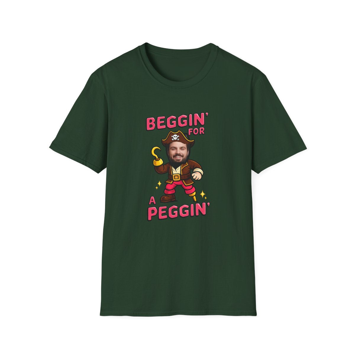 forest green t-shirt with beggin for a peggin personalised pirate stag design