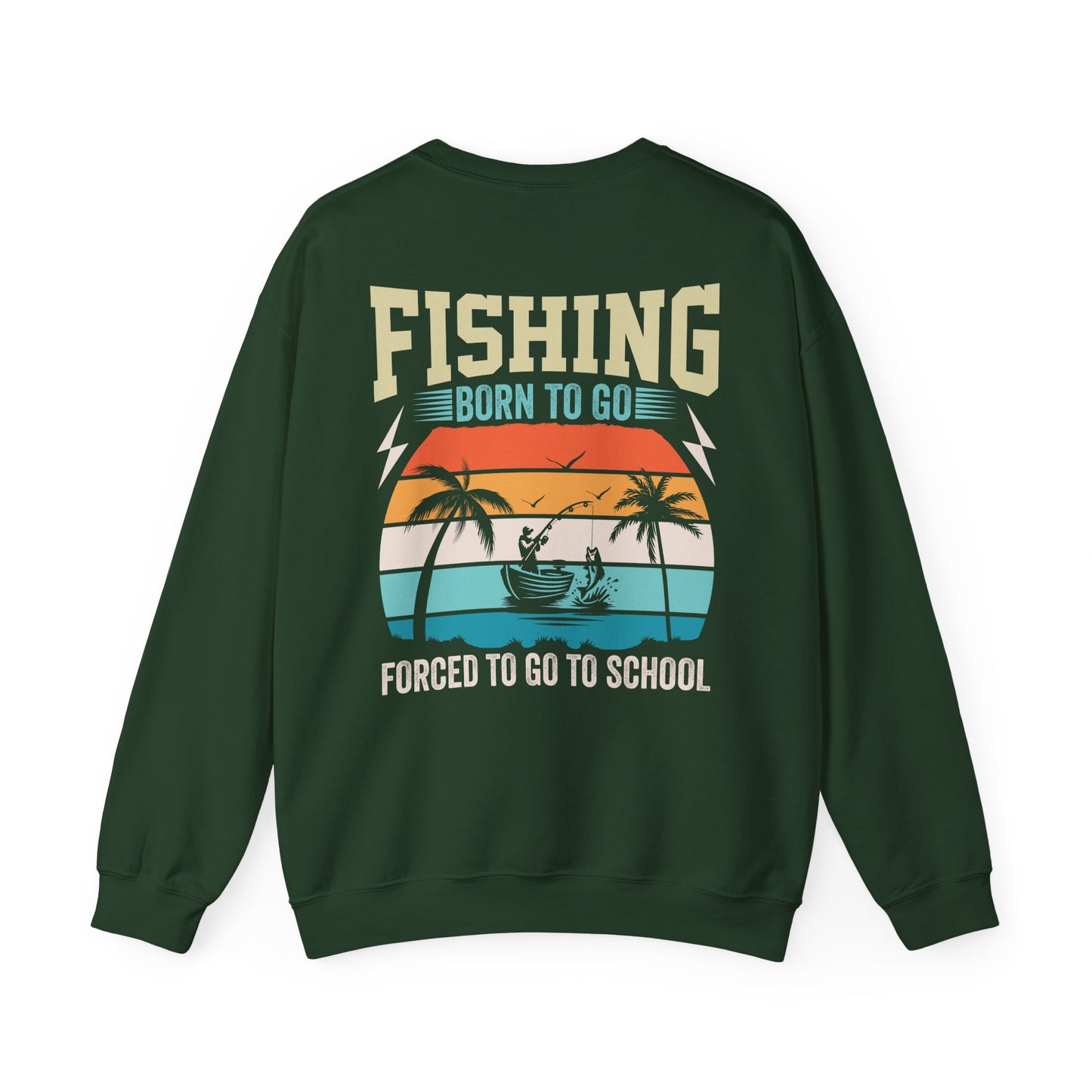 red sweatshirt with born to go forced to go to school funny fishing slogan