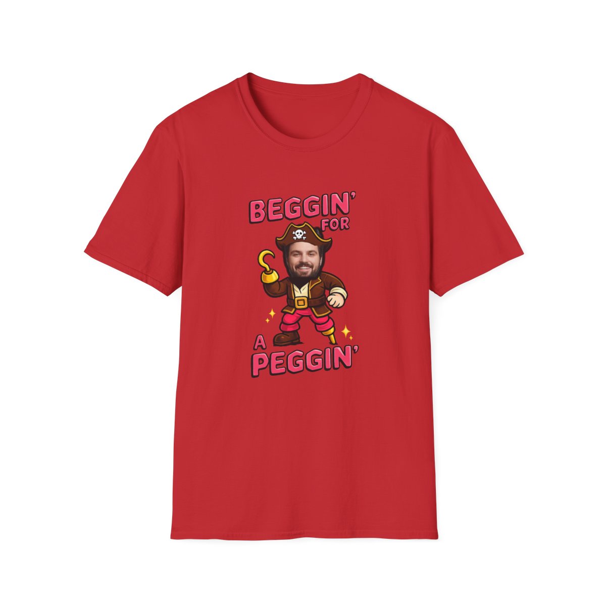 red t-shirt with beggin for a peggin funny personalised pirate stag design