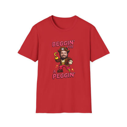 red t-shirt with beggin for a peggin funny personalised pirate stag design