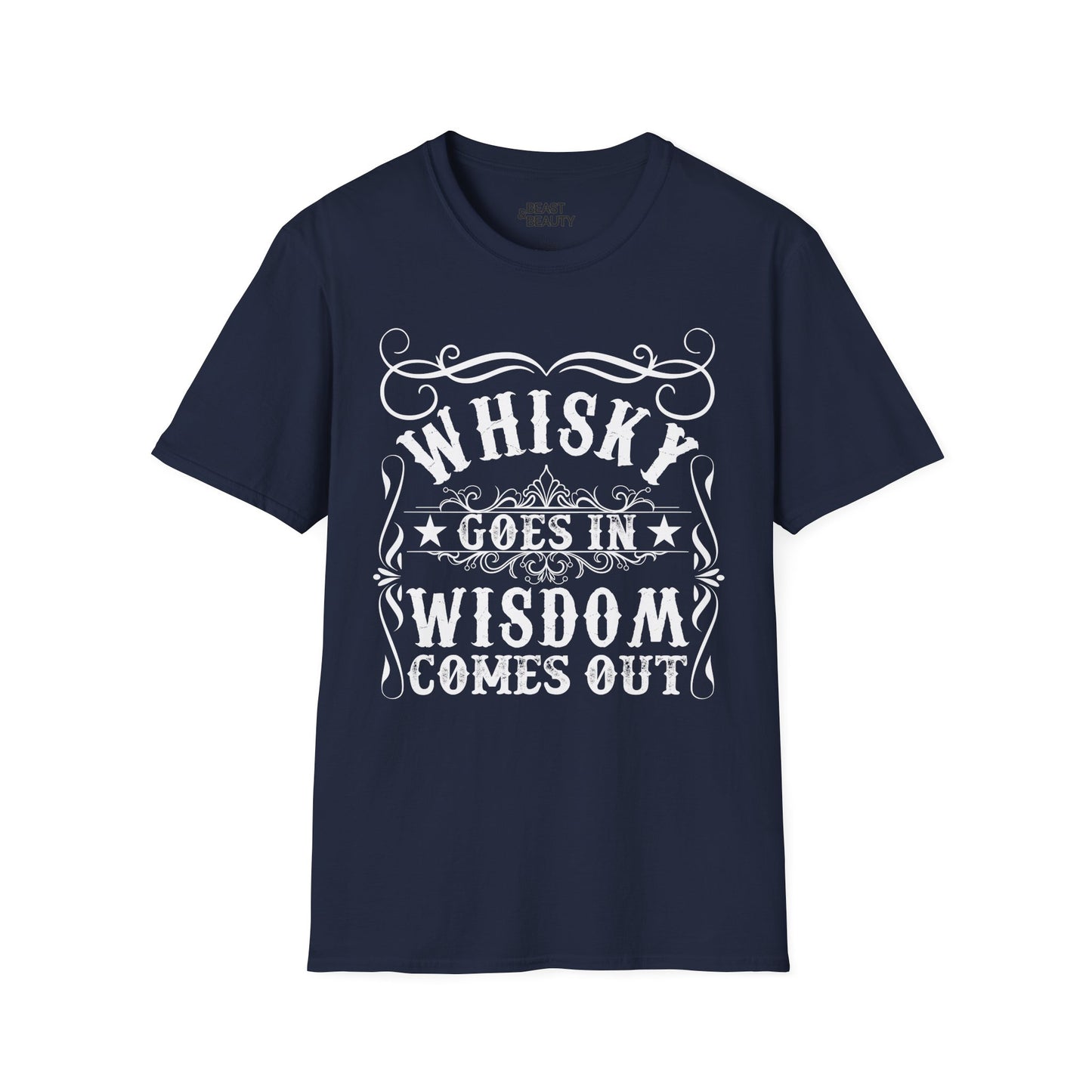whisky goes in wisdom comes out t-shirt t-shirt front product image