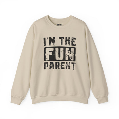 sand sweatshirt with i'm the fun parent graphic design for mums and dads