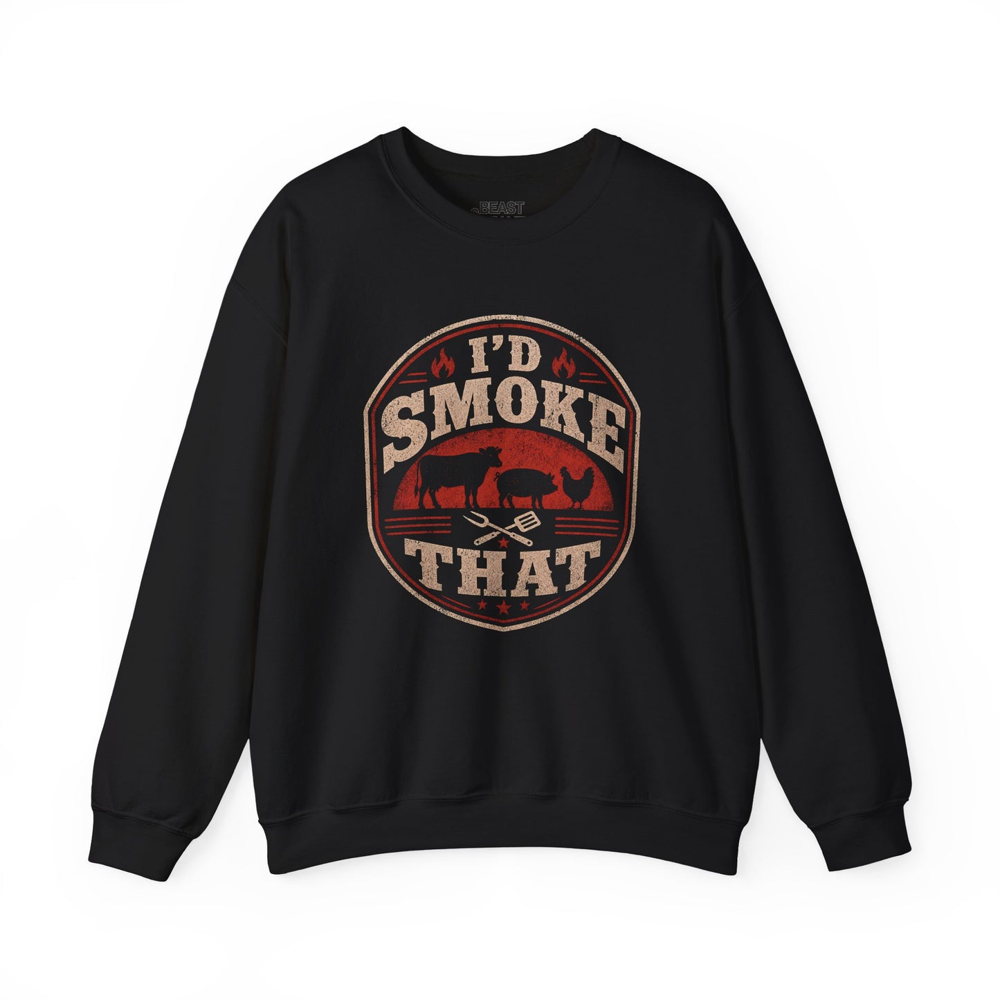 navy sweatshirt with i'd smoke that bbq funny grilling slogan for dad