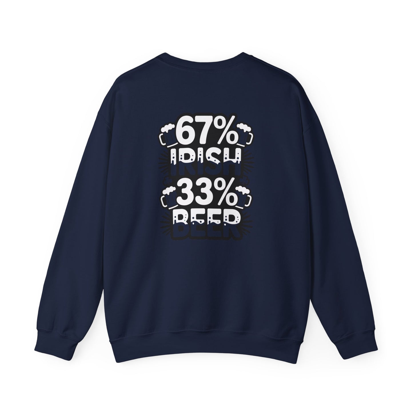red sweatshirt with 67% Irish 33% Beer slogan for St Patrick's Day or birthday gift