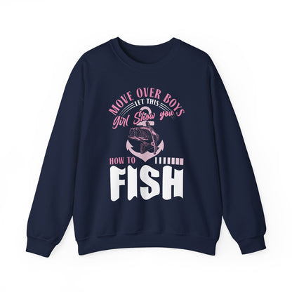 navy sweatshirt with fishing slogan graphic for women