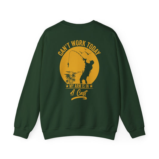 navy sweatshirt with can't work today my arm is in a cast fishing humour graphic