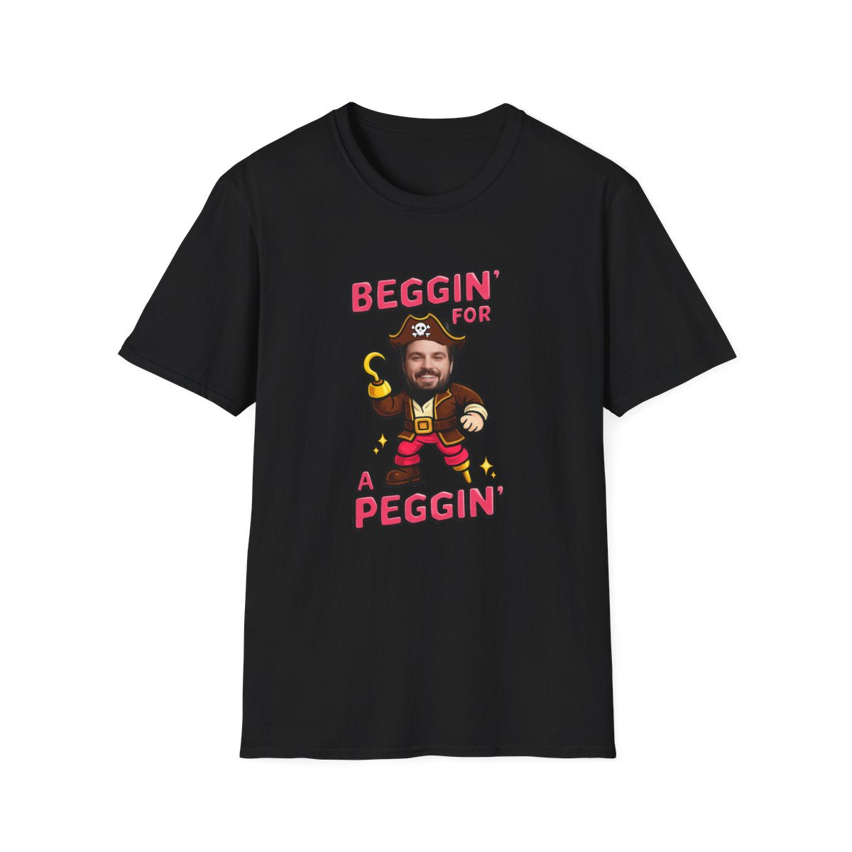 black t-shirt with beggin for a peggin personalised pirate stag face design