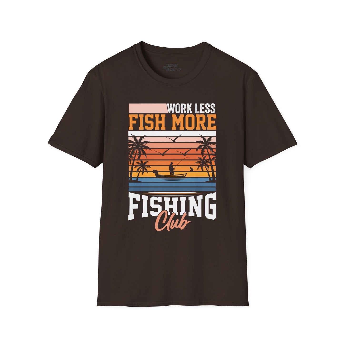 work less fish more fishing club t-shirt t-shirt front product image