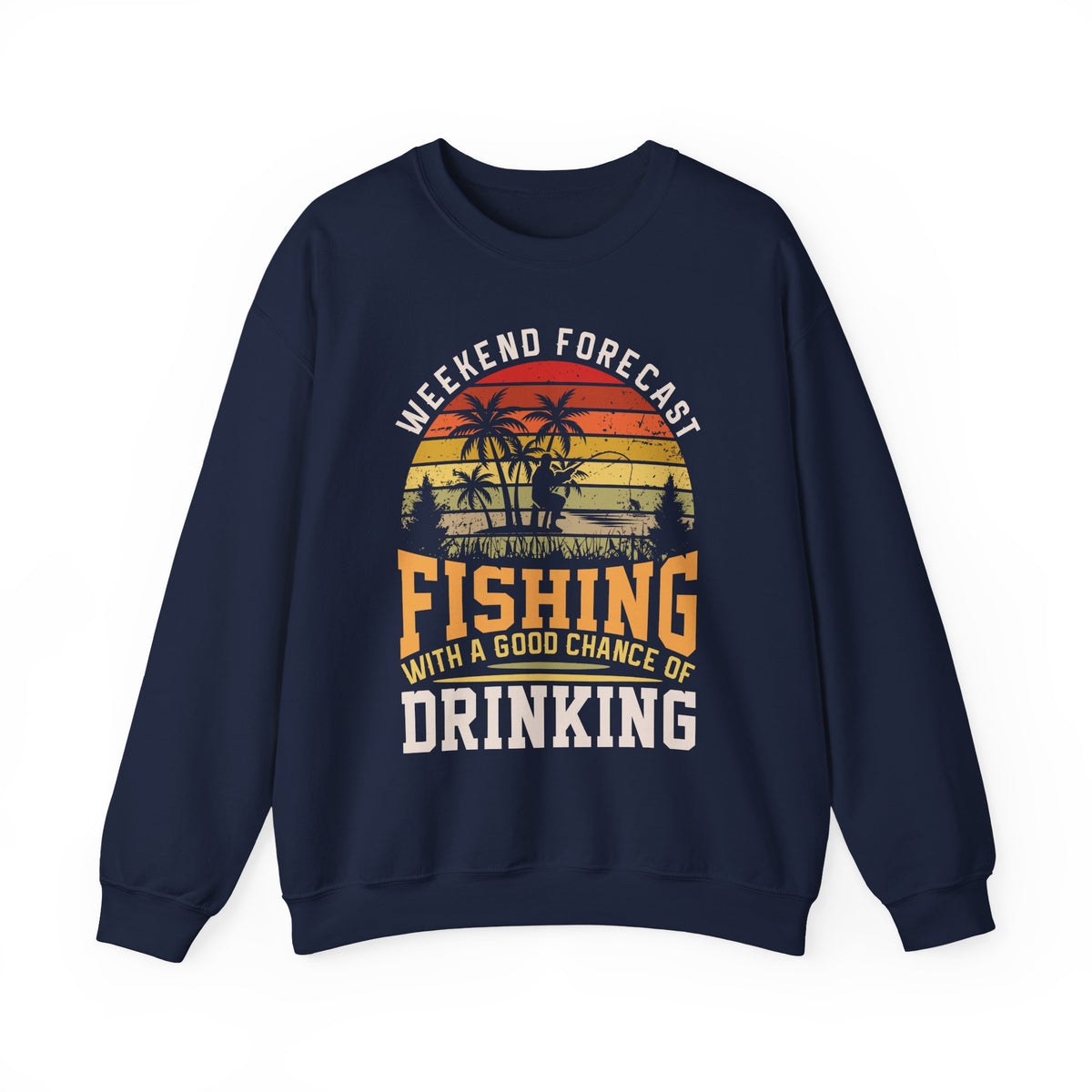 forest green sweatshirt with fishing chance of drinking design detail
