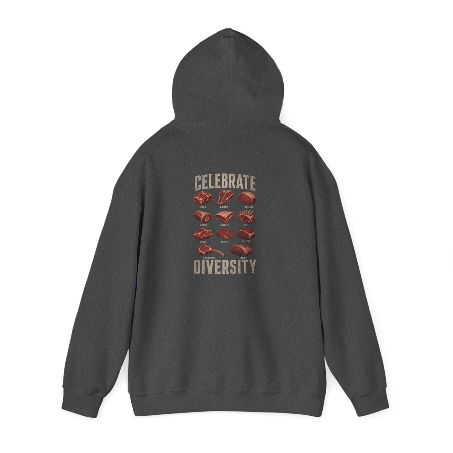 black hoodie with celebrate diversity bbq slogan design front view