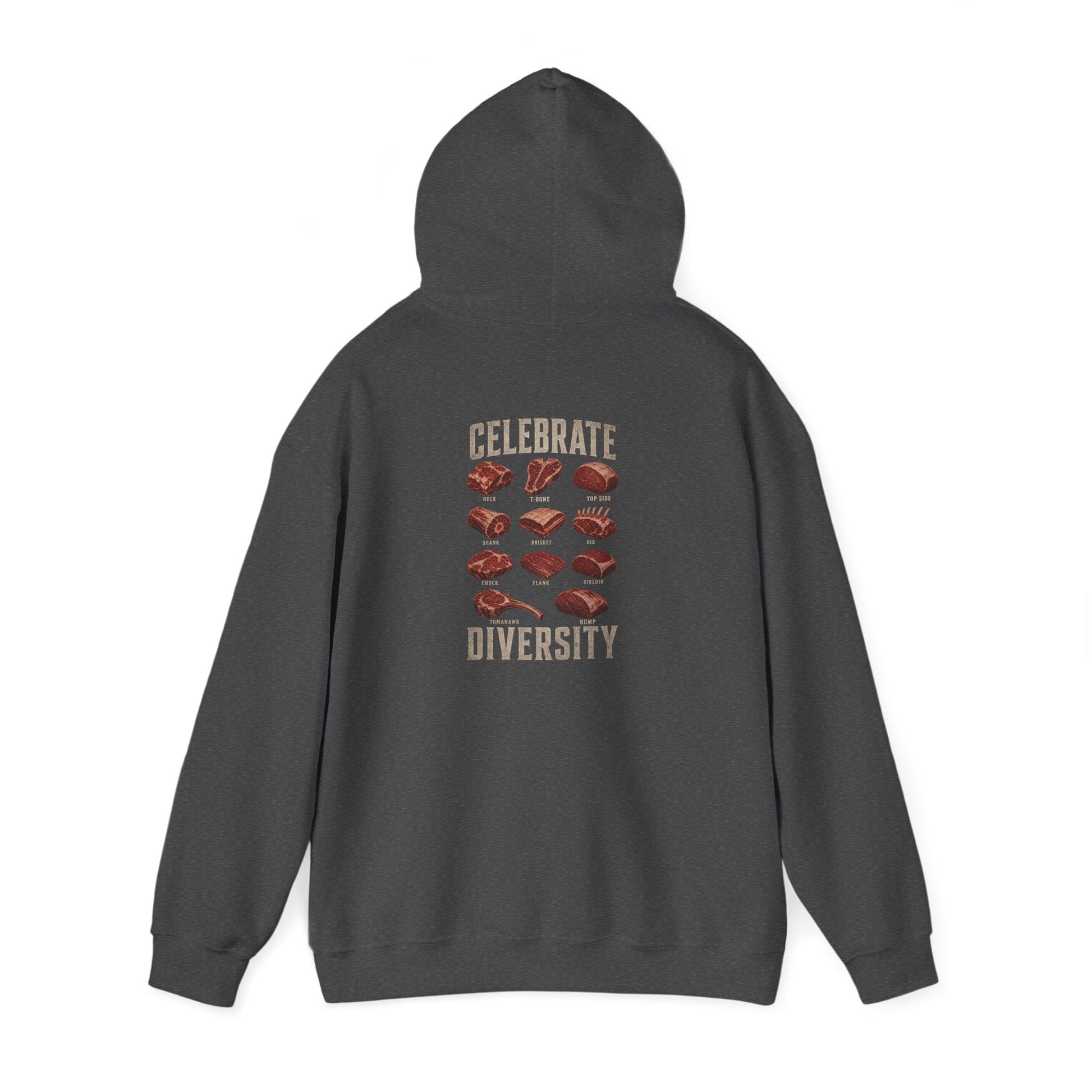 black hoodie with celebrate diversity bbq slogan design front view