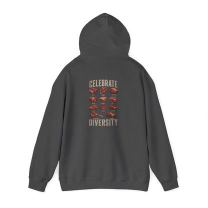 black hoodie with celebrate diversity bbq slogan design front view