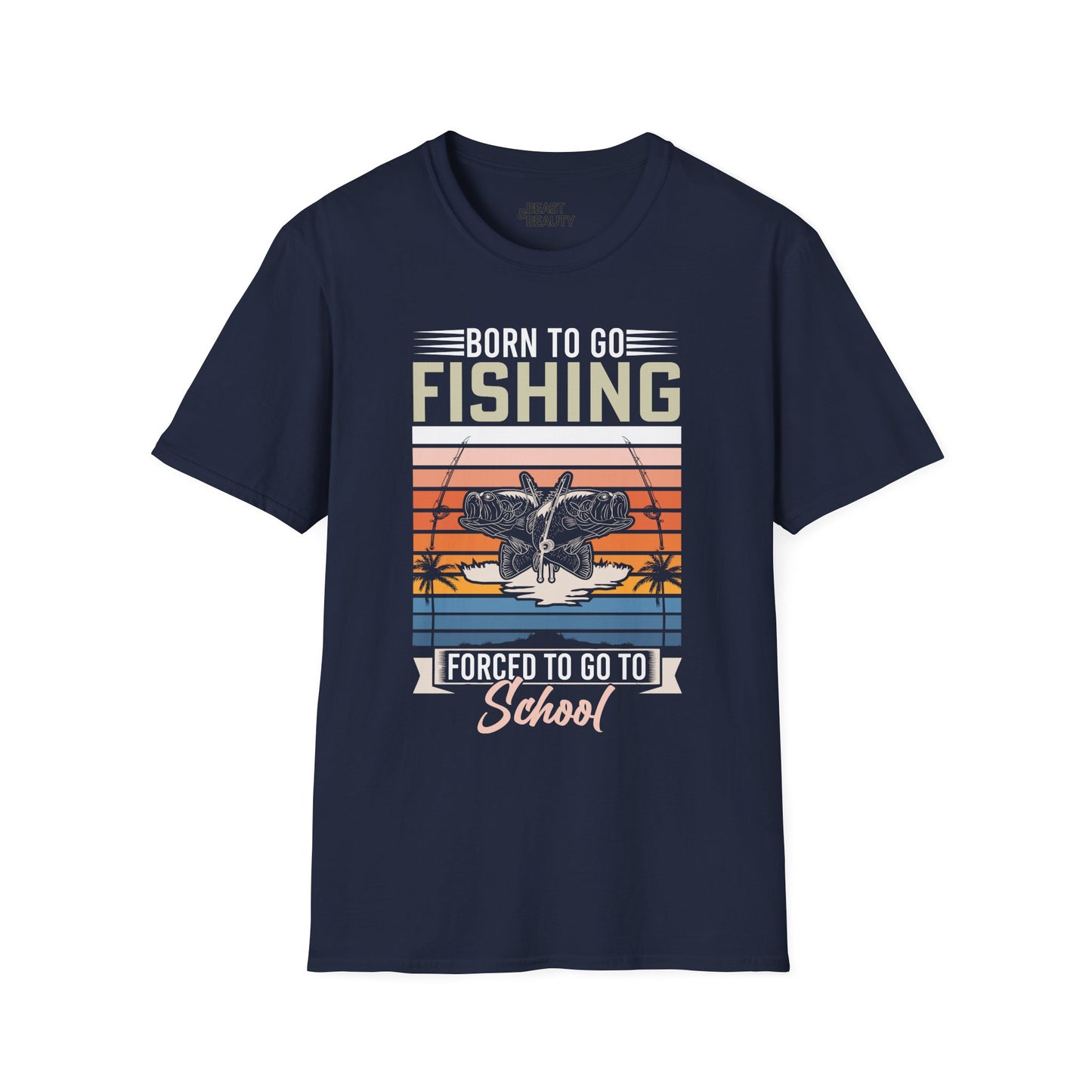 navy kids t-shirt with born to go fishing forced to go to school funny slogan design