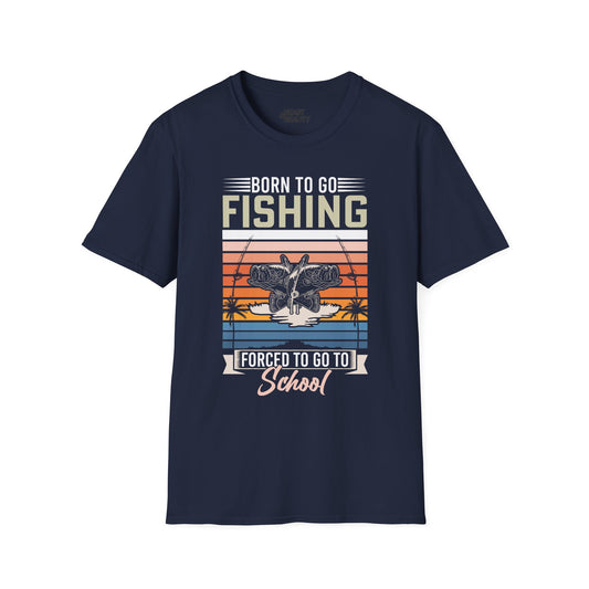 navy kids t-shirt with born to go fishing forced to go to school funny slogan design