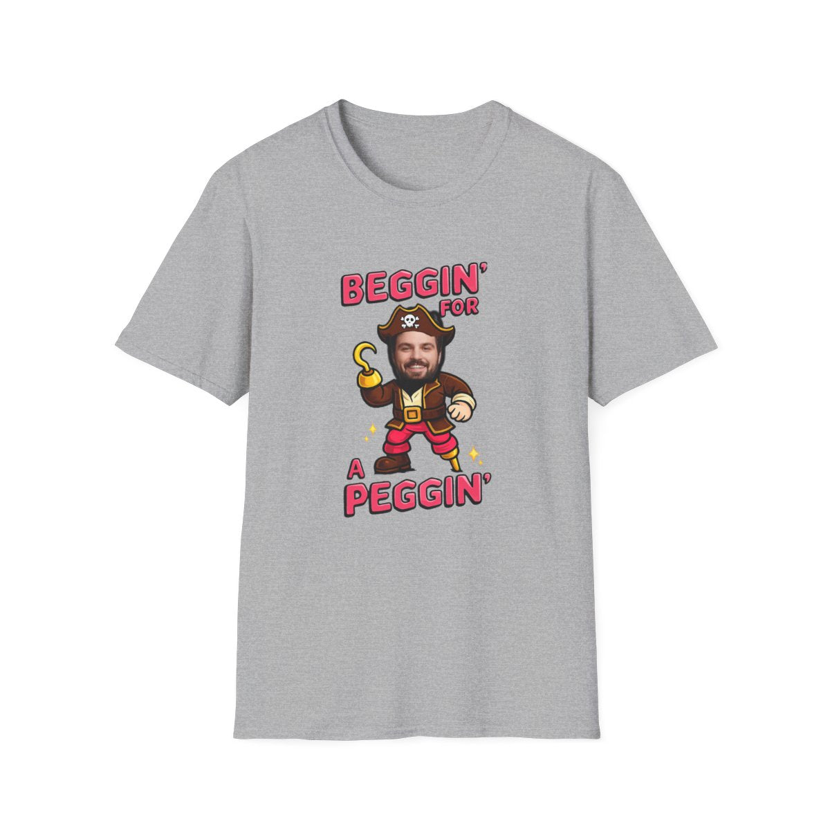 sport grey t-shirt with beggin for a peggin personalised pirate stag design