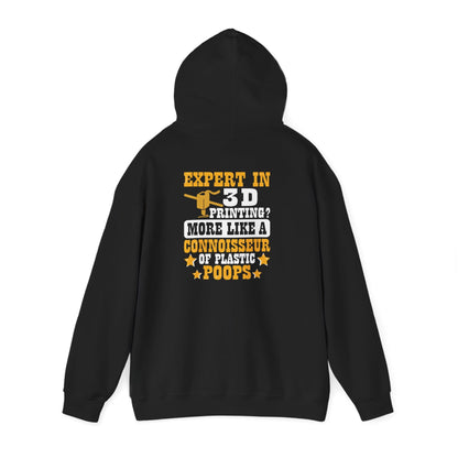 black hoodie with 3D printing expert connoisseur of plastic poops funny maker design