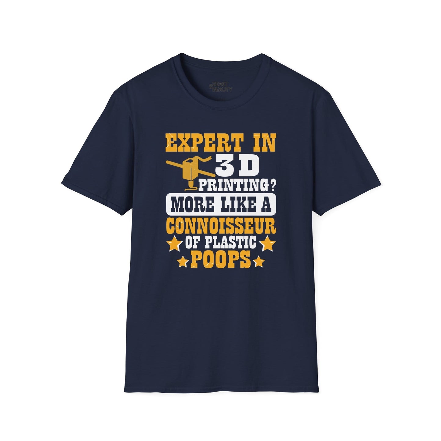 navy t-shirt with 3d printing expert connoisseur of plastic poops slogan for makers