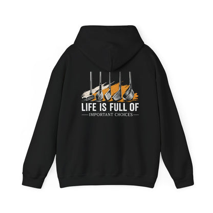 maroon hoodie featuring life is full of important choices funny golf graphic