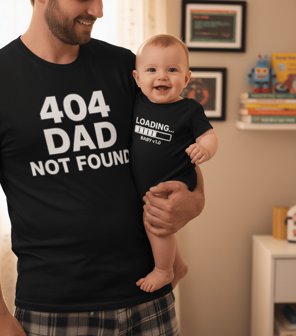 Beast and Beauty 404 dad loading matching t-shirt and baby grow set lifestyle image