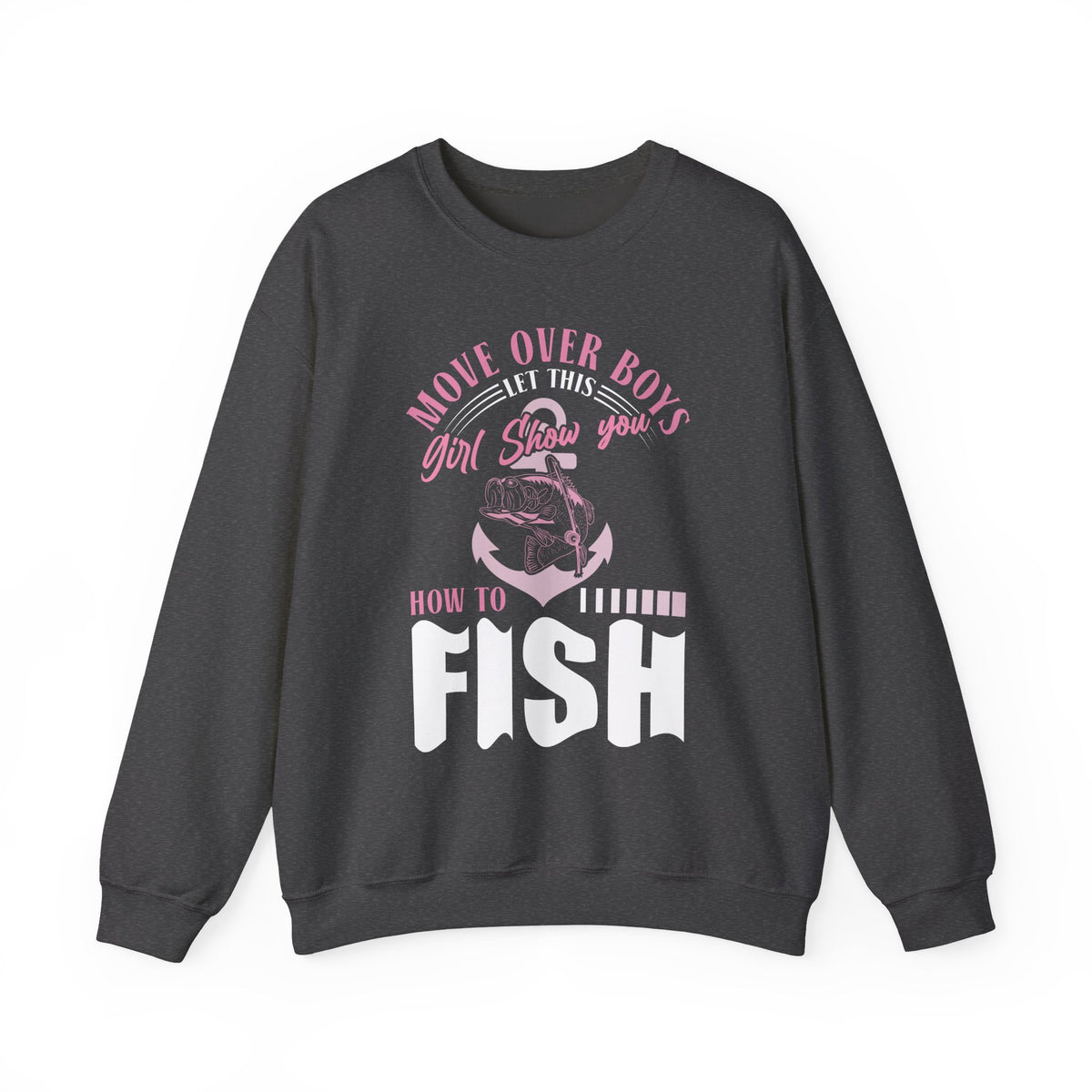 forest green sweatshirt with fishing humor design detail