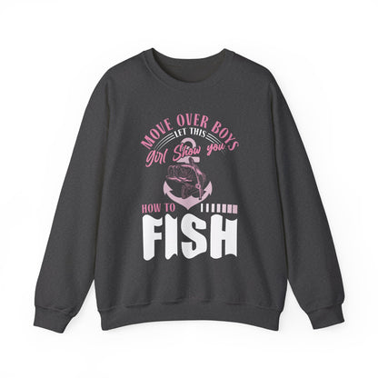 forest green sweatshirt with fishing humor design detail