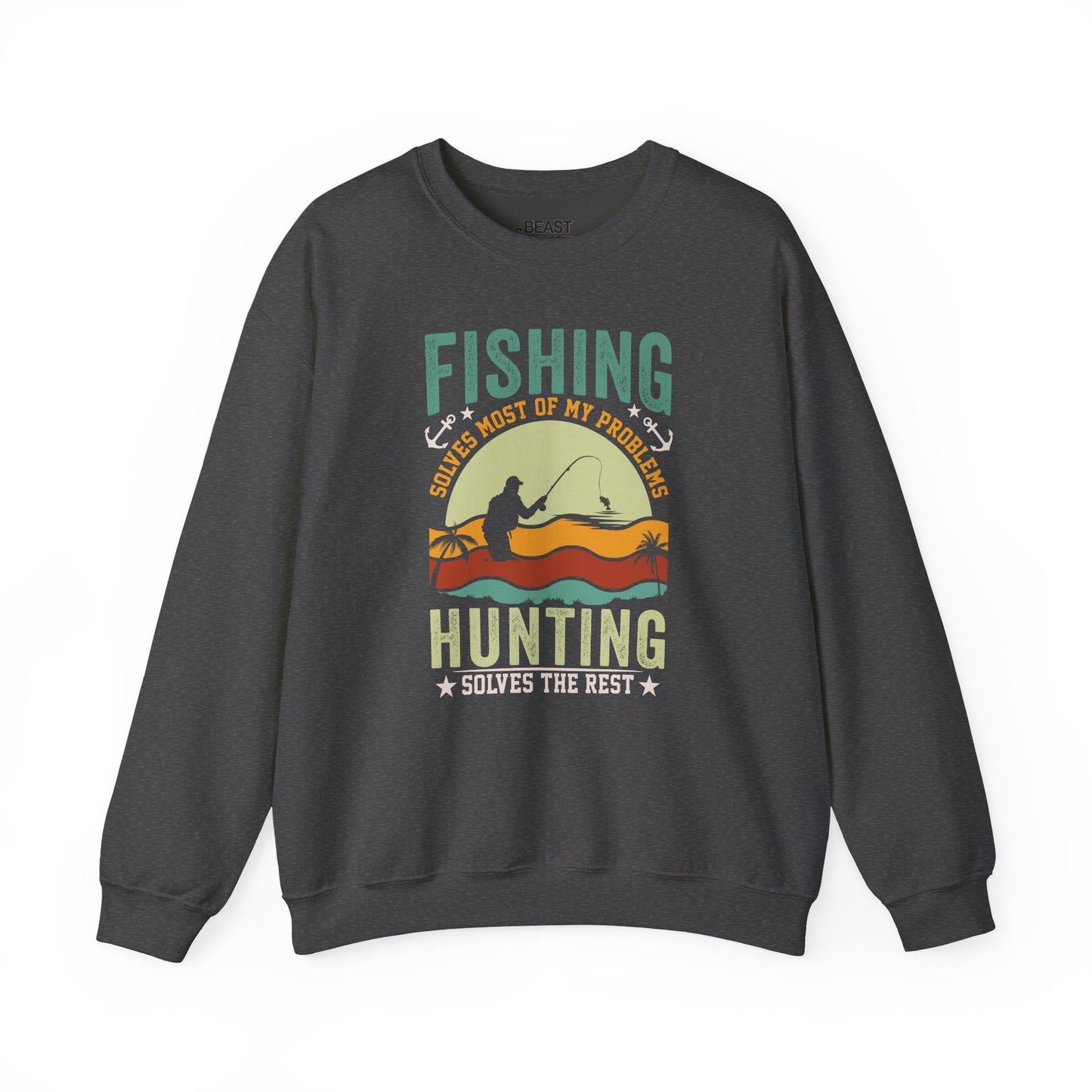 navy sweatshirt with fishing solves most of my problems hunting solves the rest graphic design