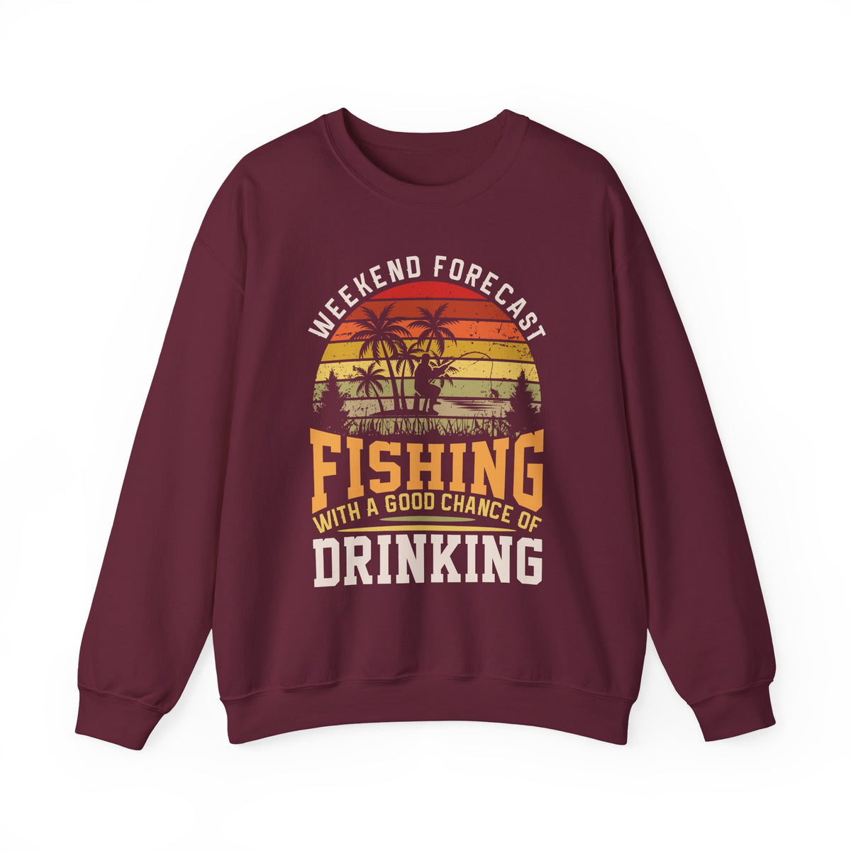 navy sweatshirt with fishing and drinking forecast slogan