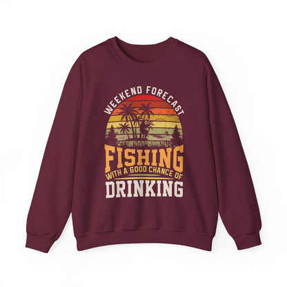 navy sweatshirt with fishing and drinking forecast slogan