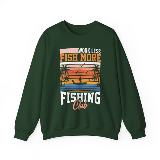 dark heather sweatshirt with work less fish more fishing club design