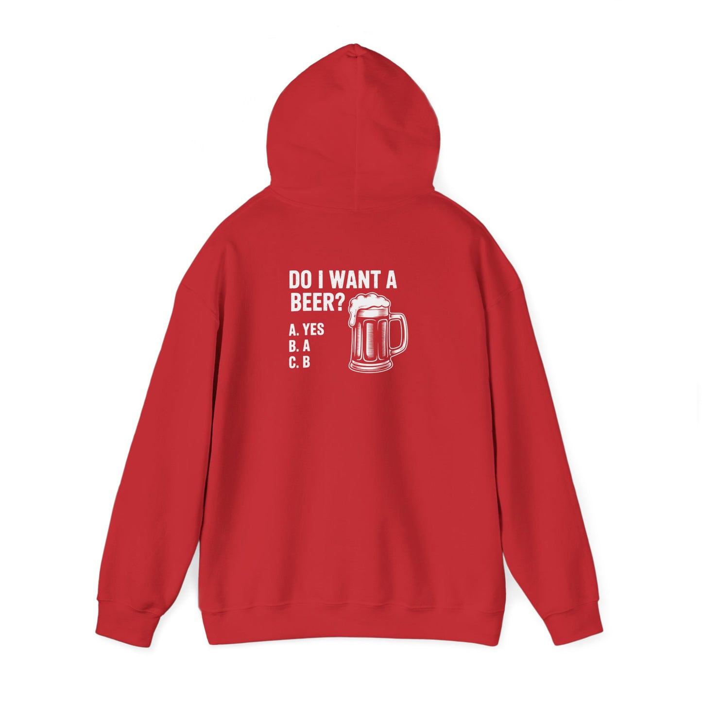 red hoodie with do i want a beer funny drinking graphic