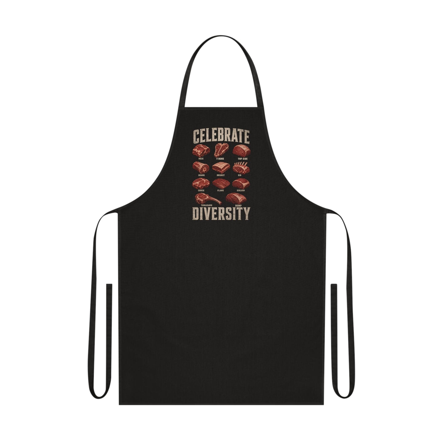 navy bbq apron with celebrate diversity meat cuts graphic funny bbq gift