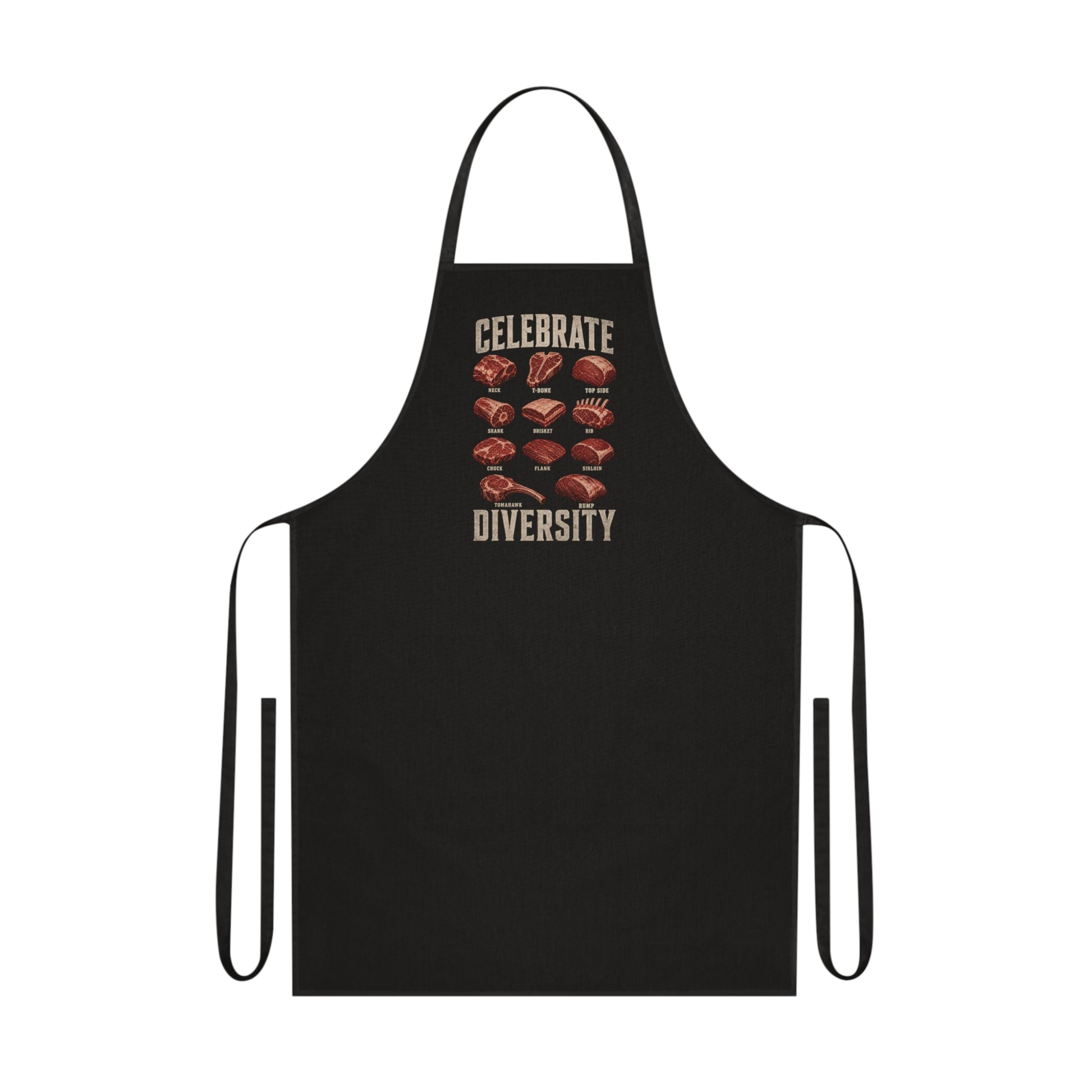 navy bbq apron with celebrate diversity meat cuts graphic funny bbq gift