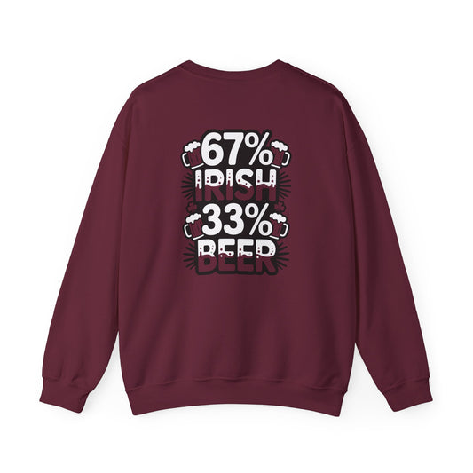 dark heather sweatshirt with 67% Irish 33% Beer funny slogan design for St Patrick's Day