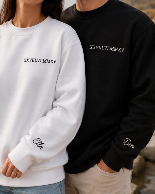 Personalised Embroidered Date Sweatshirt | Roman Numerals + Sleeve Name