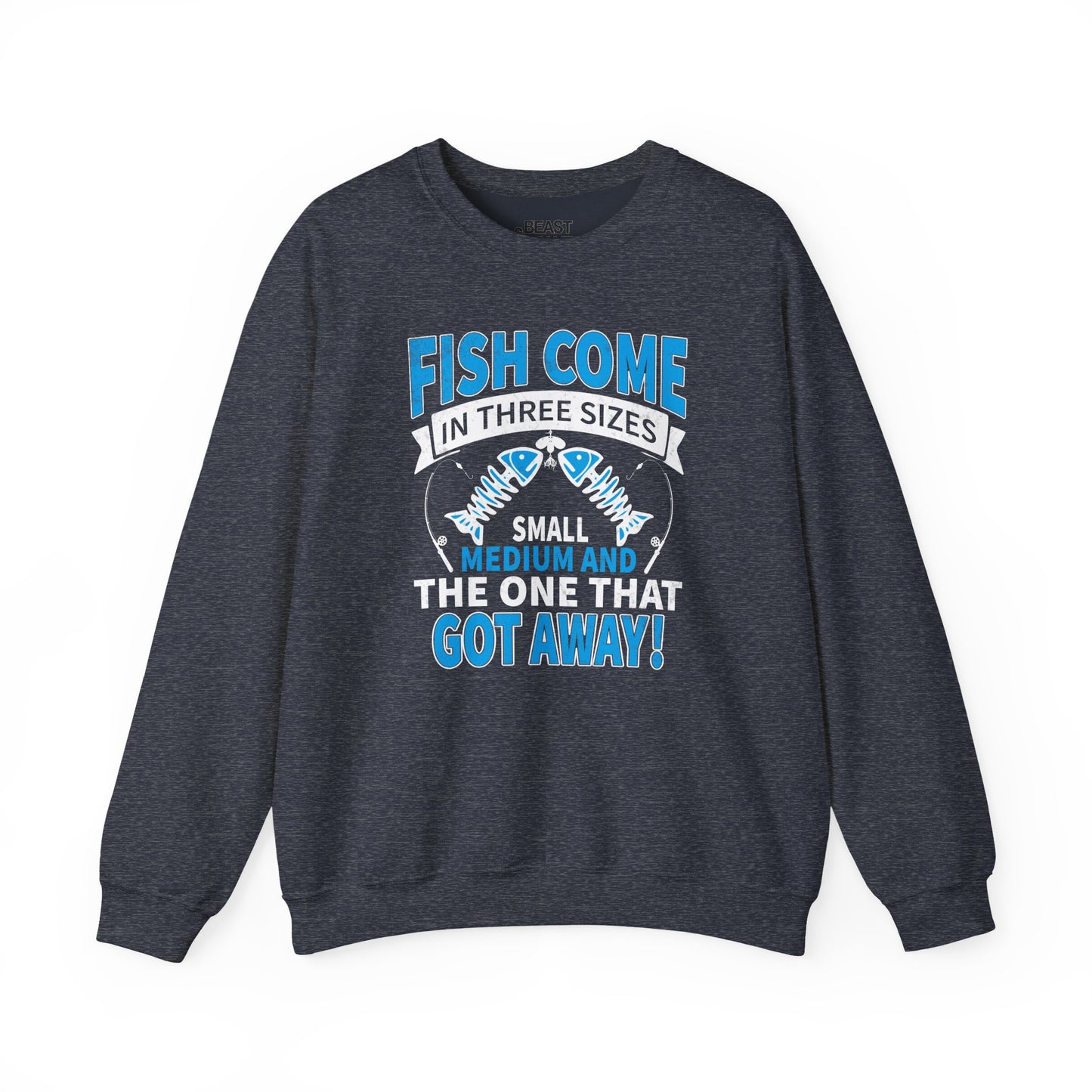 dark heather sweatshirt with fish come in three sizes the one that got away funny fishing design