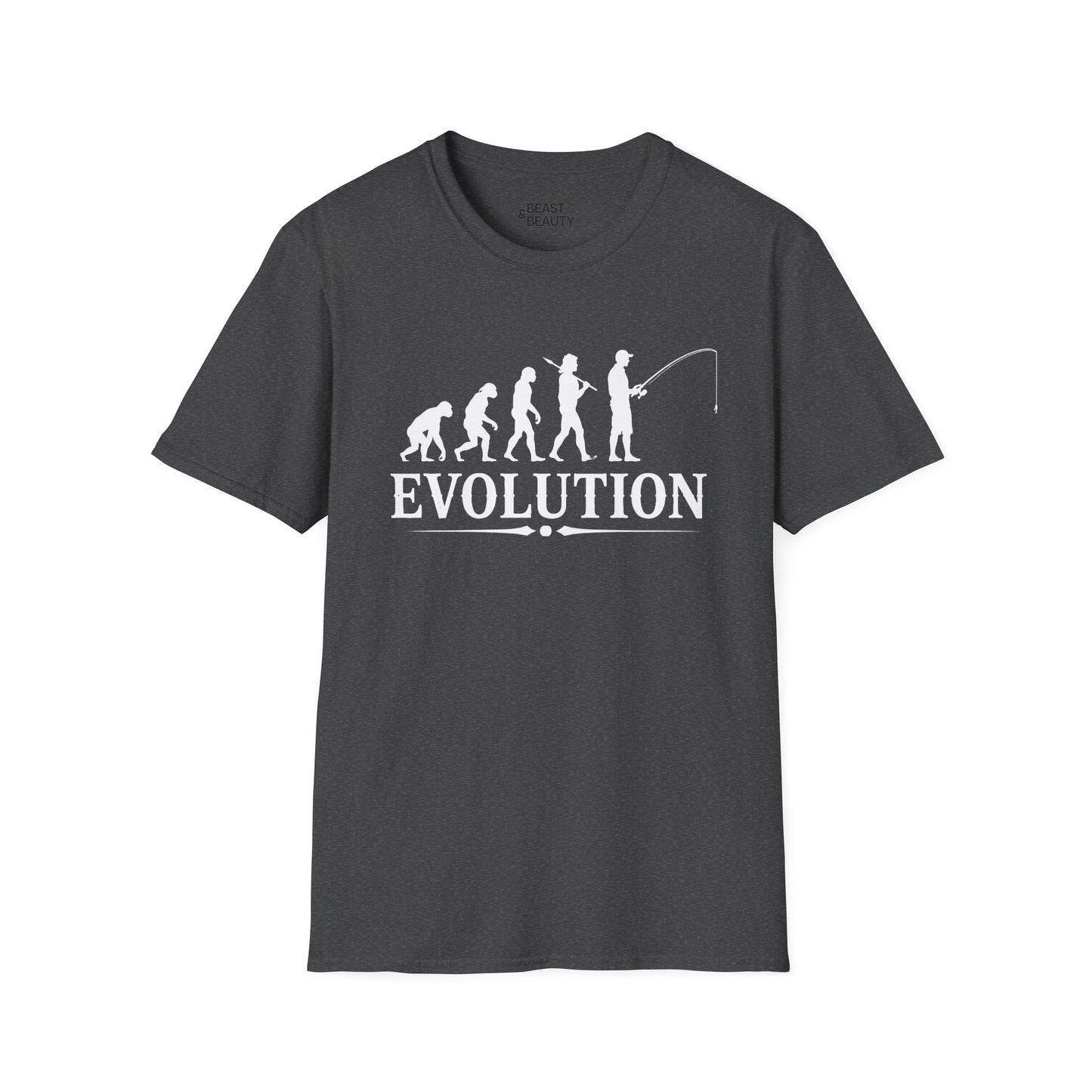 black t-shirt with fishing evolution graphic design